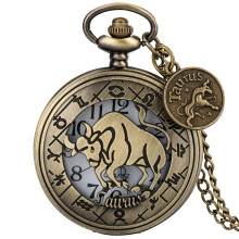 (Taurus) Vintage Taurus Ores Skeleton Quartz Pocket Watch with Chain - Classic Antique Timepiece