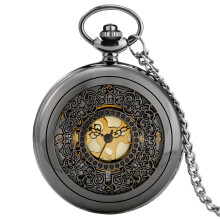 (Black) Vintage Pave Gold Face Quartz Pocket Watch with Openworked Window