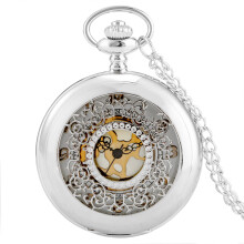 (Silver) Vintage Pave Gold Face Quartz Pocket Watch with Openworked Window