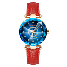 (Rose blue red belt) New Ladies Fashion Starry Diamond Surface Bright Polygonal Glass Solid Stainless Steel Band Waterproof Watch