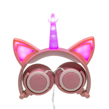 (Pink) Glowing Unicorn Kids Over-Ear Headphones Cat Ear LED Light Up Wired Foldable Headset