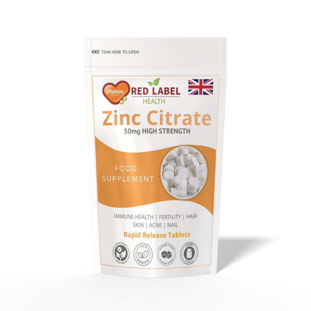 Red Label Health Zinc Citrate 50Mg 180 Tablets High Strength Immune Support Acne Skin