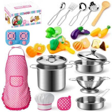 Kinderküchen-Zubehör, Koch-Rollenspielset mit Utensilien, Töpfen und Pfannen aus Edelstahl, Spielküchenset für Jungen