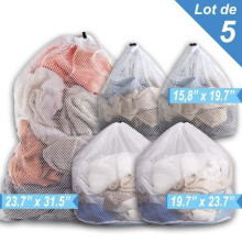 5-Piece Laundry Net Set, Drawstring Laundry Bags in 3 Sizes, White Mesh Laundry Net for Washing Machine, Reusable Laundry Net