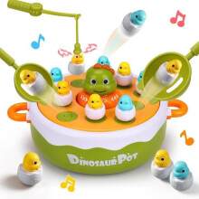 Gioco da tavolo 4 in 1 con dinosauri a comparsa per bambini: gioco di pesca magnetico, gioco girevole musicale, gioco di bowling,
