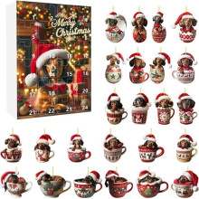 Adventskalender 2024 für Dackel, 24 2D-Acrylfiguren mit Weihnachtsmannmützen, Heimdekoration