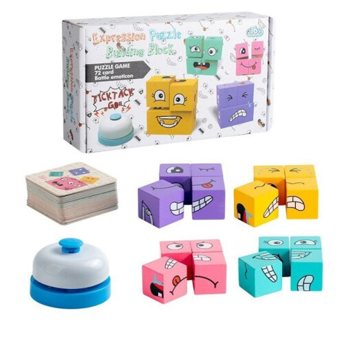Wooden Magic Cube with Changing Faces, 3D Magic Cube with Face Changer, Expression Cube Puzzle with Bell and Card