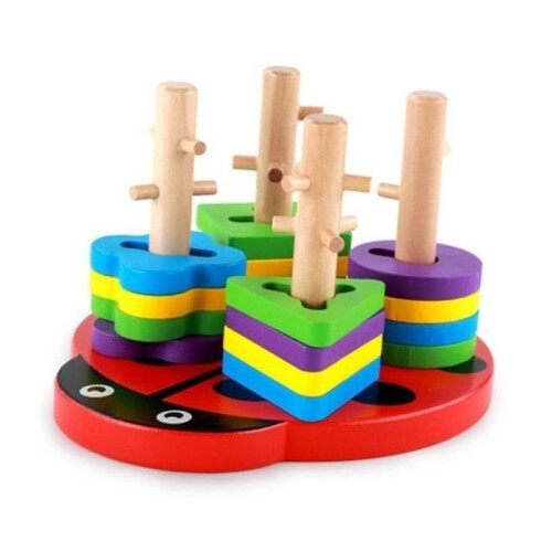 Stacking puzzle with wooden base, ladybug design, Montessori game