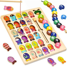 2-in-1 Montessori-puupelit 2-5-vuotiaille: Magneettinen kalastuspeli, Puuhelmet, Langanpujotuspeli 26 kirjaimella ja 10 numerolla