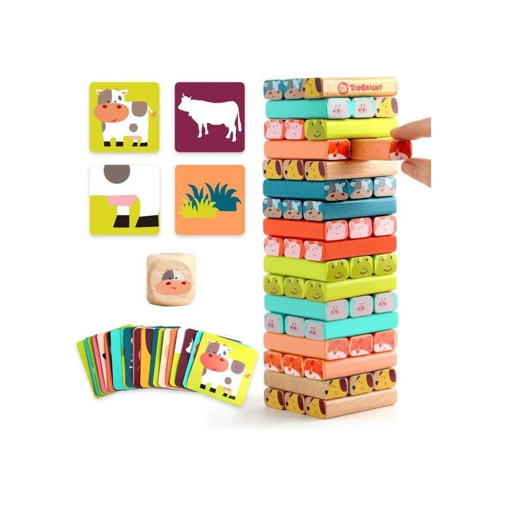 Aihontai Wooden Stacking Block Tower Toy, 4-In-1 Stacking Game For Boys And Girls, Gift With 51 Colorful Blocks And Animals