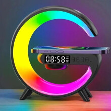 Chargeur sans fil rapide multifonctionnel avec emplacement pour carte TF, veilleuse/alarme RGB - Noir
