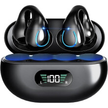 Écouteurs Bluetooth 5.3, casque stéréo sans fil HiFi avec commandes tactiles, fixation par clip et affichage LED - Noir