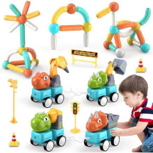 Set di 58 blocchi magnetici da costruzione con dinosauro e auto, giocattoli educativi creativi per bambini e bambine in età prescolare.