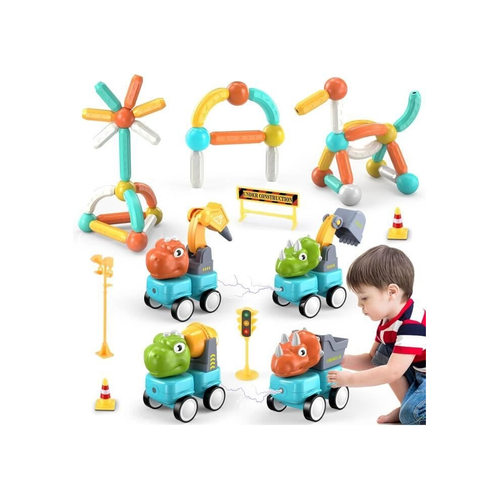 Aihontai 58-Piece Magnetic Building Blocks With Dinosaur Car, Creative Educational Toys For Preschool Boys And Girls