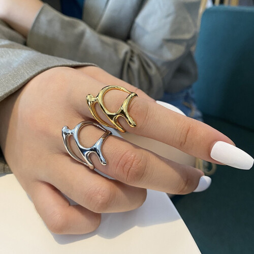 (Gold) 1PCS Irregular Geometric Metal Ring Female Personalized Open Knuckle Ring 2