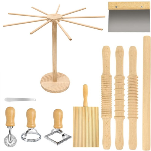 Pasta Making Tools, Wooden Pasta Making Kit with Threaded Rolling Pins, Long Rolling Pin,Rotatable Pasta Drying Rack