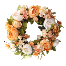 Couronne de feuilles vertes, couronne de fleurs de marguerites jaunes pour porte d'entrée, utilisable toute l'année, couronne de pivoines orange