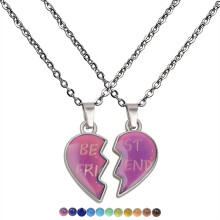 2 Pcs Set Temperature Sensing Color Changing Friendship Necklace Stainless Steel Chain Broken Heart Pendant BFF Jewelry
