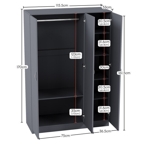 Vida Designs (Grey) Riano 3 Door Wardrobe Bedroom Clothes Storage 2