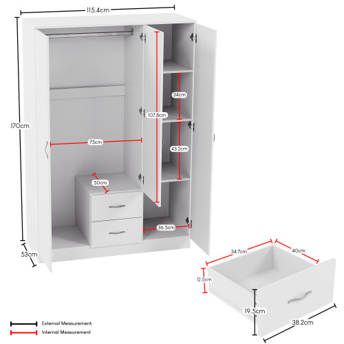 Vida Designs (White) Riano 3 Door 2 Drawer Mirrored Bedroom Wardrobe 1
