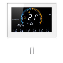 Termostato programável para controle de temperatura residencial, compatível com comandos de voz, tela LCD sensível ao toque, configurações de