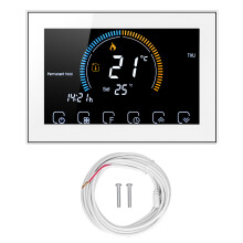 Thermostat intelligent programmable avec écran tactile LCD et commande vocale pour pompe à chaleur domestique, contrôlable par Wi-Fi.