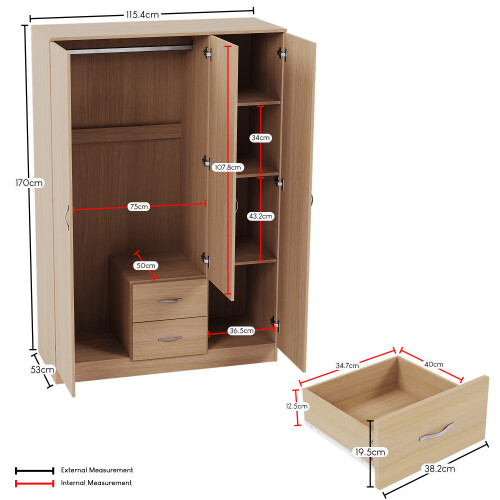 Vida Designs (Pine) Riano 3 Door 2 Drawer Mirrored Bedroom Wardrobe 1
