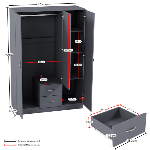 Vida Designs (Grey) Riano 3 Door 2 Drawer Mirrored Bedroom Wardrobe 2