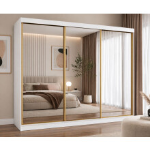 (250cm,White) FHI-DUBAI GOLD Sliding Door Wardrobe with Mirror