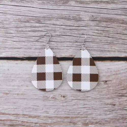 Golden Thread Teardrop PU Leather Hook Earrings Brown