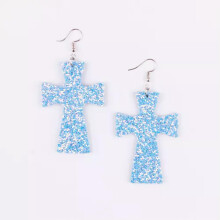 Glitter Sequins Leather Cross Dangle Earrings Sky Blue