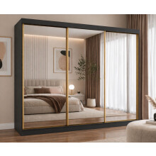 (250cm,Black) FHI-DUBAI GOLD Sliding Door Wardrobe with Mirror