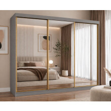 (250cm,Grey)FHI-DUBAI GOLD Sliding Door Wardrobe with Mirror