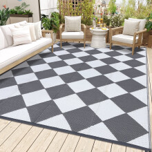 Outdoor Rug Waterproof Portable 9x12 ft Gray White Geometric