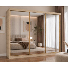 (250cm,Oak) FHI-DUBAI GOLD Sliding Door Wardrobe with Mirror