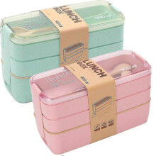 2 Pack Stackable Bento Box Japanese Lunch Box Kit with Spoon Fork, 3-in-1 Compartment Wheat Straw Meal Prep Containers for Kis Aults (pink/green)