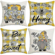 4 Pcs Pillowcases Square Bee Pillow Covers for Sofa Bed Home Decor 18 x 18 inch Summer Bee Happy Bee Kind Decorative