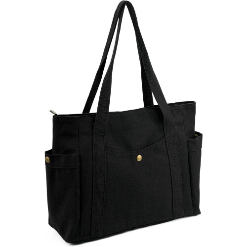 Bolsa de lona com zíper e vários bolsos.