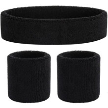 Sportieve zweetbandenset bestaande uit een badstof hoofdband en polsband.
