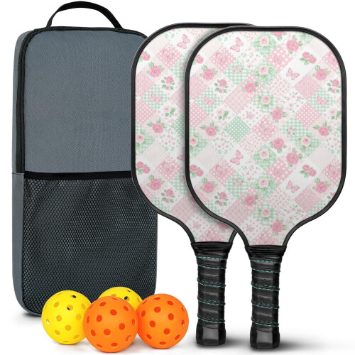 Σετ Κουπιών Pickleball από Φύλλα Fiberglass με Λουλούδια, 2 Κουπιά + 2