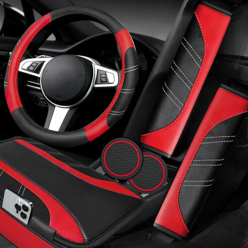 Conjunto de acessórios para carro vermelho: capa para volante e capa para console.