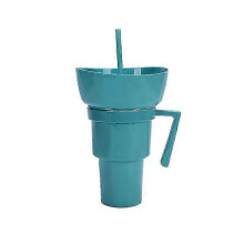 (Blue) Popcorn Cup with Handle, 2 In 1 Cup Bowl Combo with Straw, Travel Leakproof Snack & Drink Cup, Reusable PVC Snack and Drink Cup for Adults Kids