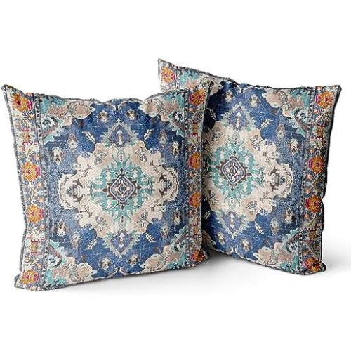 Μαξιλαροθήκες Boho από βαμβάκι 16x16 ιντσών, σετ 2 τεμαχίων, μπλε