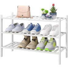 White Shoe Rack, 3-Tier Bamboo Wood Shoe Rack for Closet, Entryway & Hallway, and Stackable Shoe Shelf Storage Organizer for Indoor and Outdoor