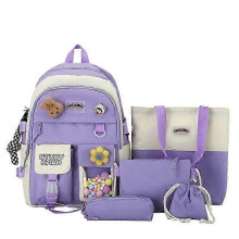 (purple) 5pcs Sets Children's School Backpack Kawaii Women's Bagpack Bookbag Laptop Bag For Teens Girls Mochilas 2022 Students Totes Sac