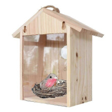 Wooden Bird Feeder with Window Wild Bird Watching Nesting Box with Suction Cup Indoor Outdoor Imitation Log House Nest Cage Decoration