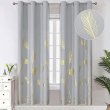 Light Grey Blackout Curtains with Gold Palm Tree Pattern,