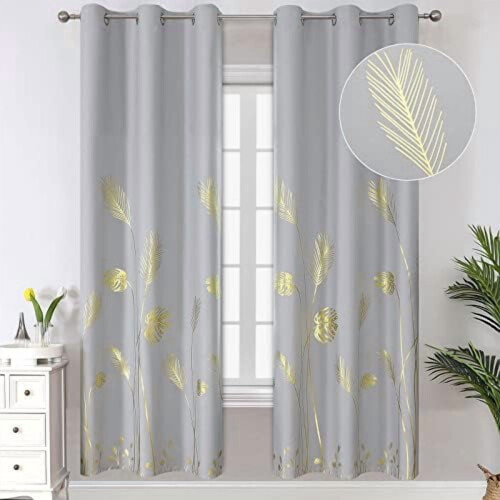 Light Grey Blackout Curtains with Gold Palm Tree Pattern,