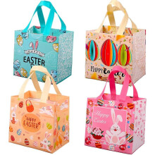TTMA Easter Tote Bags with Handles, Reusable Gift Bags Bunny Easter Egg Hunt Party Snack Bags Waterproof Gift Bags (Pack of 4)