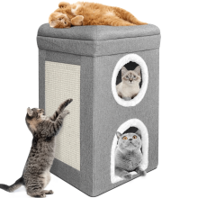 (Gray) Queen Size 3 Tier Cat House Comfort Bed Pet Cat Cave Apartment Furry Upholstered With Scratching Post Gray